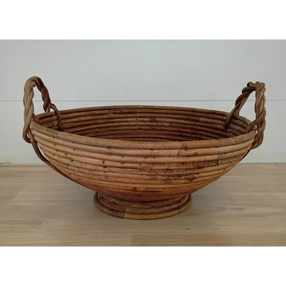 Mid-Century Footed Gabriella Crespi-style Large Pencil Reed Rattan Bowl 14 inch